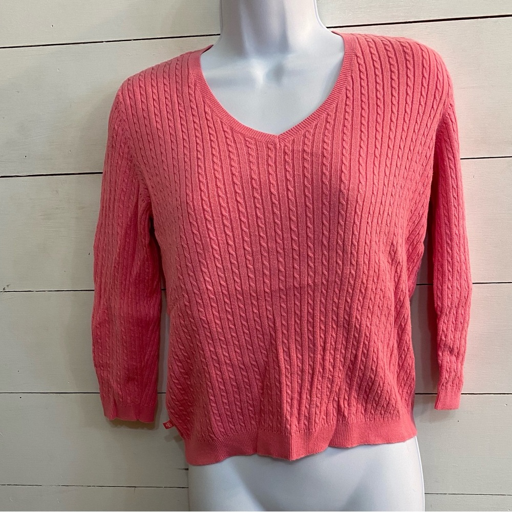 Lauren Ralph Lauren Petite‎ Women’s Size P/M Pink 100% Cotton Cable Knit V Neck - Picture 3 of 14